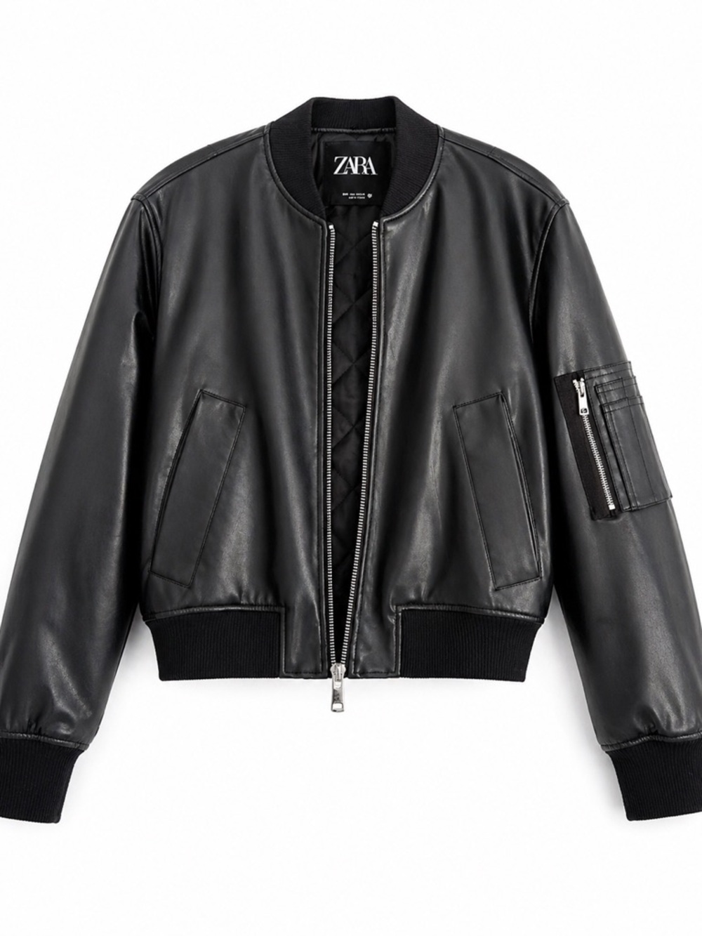 ZARA Black Faux Leather Bomber Jacket Zip Up
